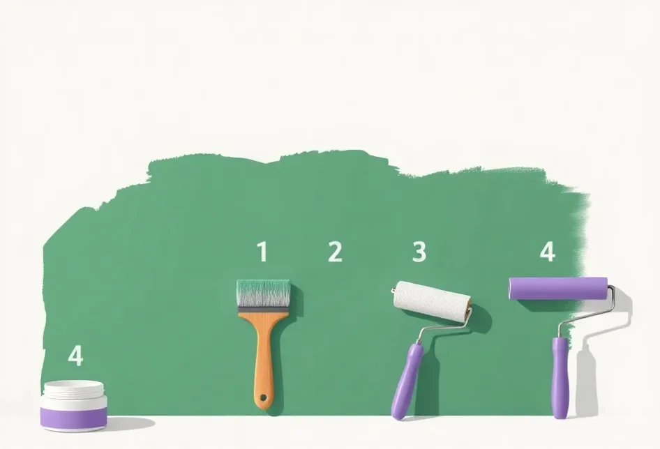 Outils de peinture disposés dans l'ordre des étapes du chantier