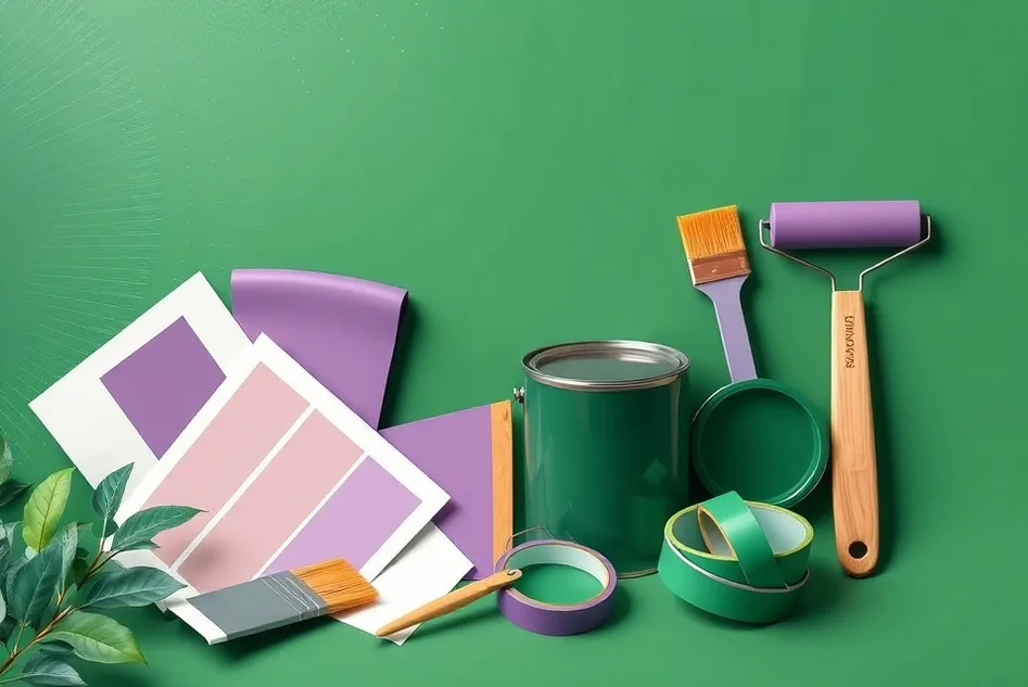 Pots de peinture, nuancier, brosses et rouleaux disposés à plat