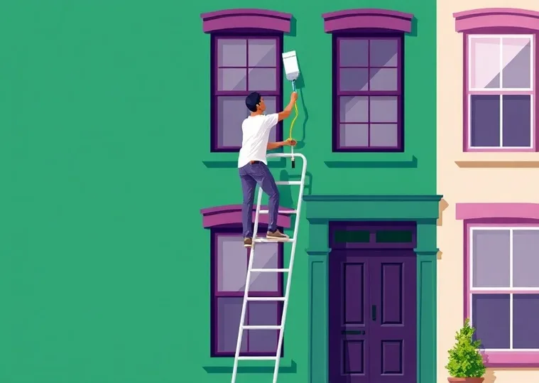 Peintre sur échafaudage traitant la façade d'une maison