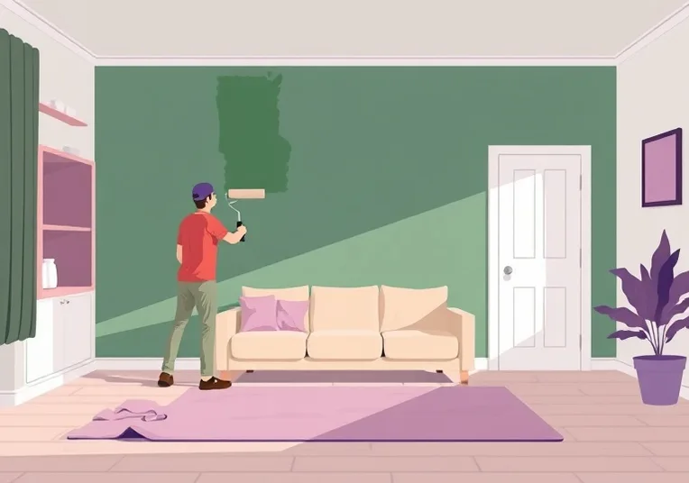 Peintre appliquant la peinture au rouleau sur un mur de salon